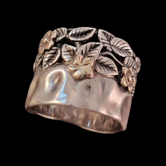 Sterling 14K Gold Paz Israel Artisan Flower Hammered Wide Ring - Picture 1 of 11
